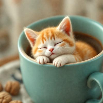 The primary subject of the image is a small orange and white kitten. The kitten is laying in a cup, which is filled with coffee. The setting is indoors, with a table visible in the background. The visual style is a photo, capturing the adorable moment of the kitten resting in the cup. The colors and mood of the image are warm and cozy, with the orange and white kitten being the main focus.